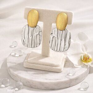 18k Gold Mixed Metal 316L Stainless Steel Two-Tone Textured Statement Earrings